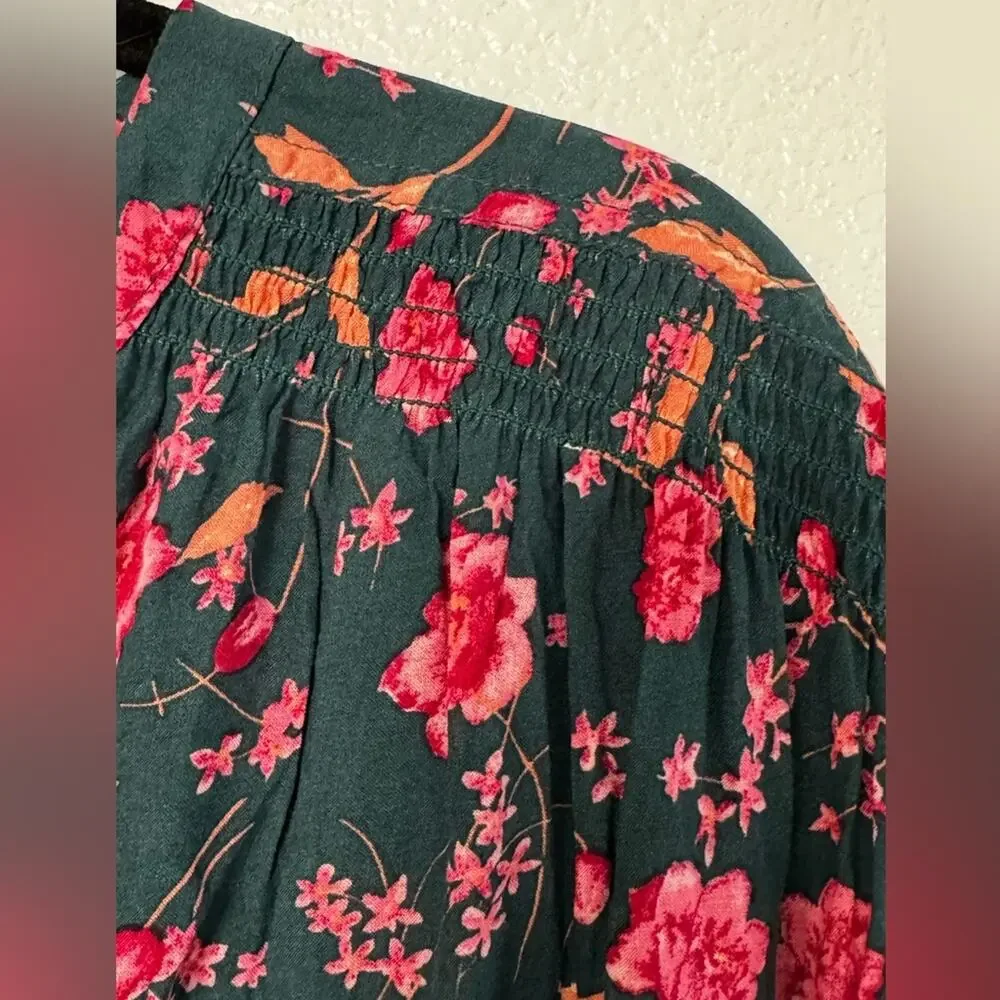 Free People Womens Green Flower Fields Mini Ruffle Shirt Dress S Boho